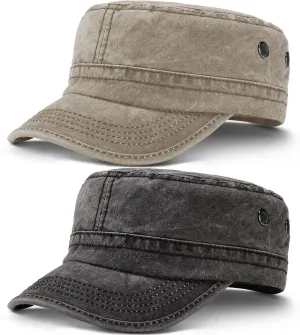 Geyoga Army Cap 2 Pieces Cadet Military Hat for Men Women Washed Cotton Flat Top Cap Unisex Outdoor Sports Casual Sun Hat