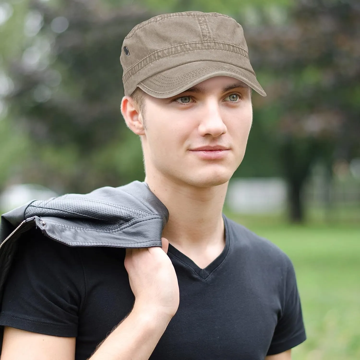 Geyoga Army Cap 2 Pieces Cadet Military Hat for Men Women Washed Cotton Flat Top Cap Unisex Outdoor Sports Casual Sun Hat