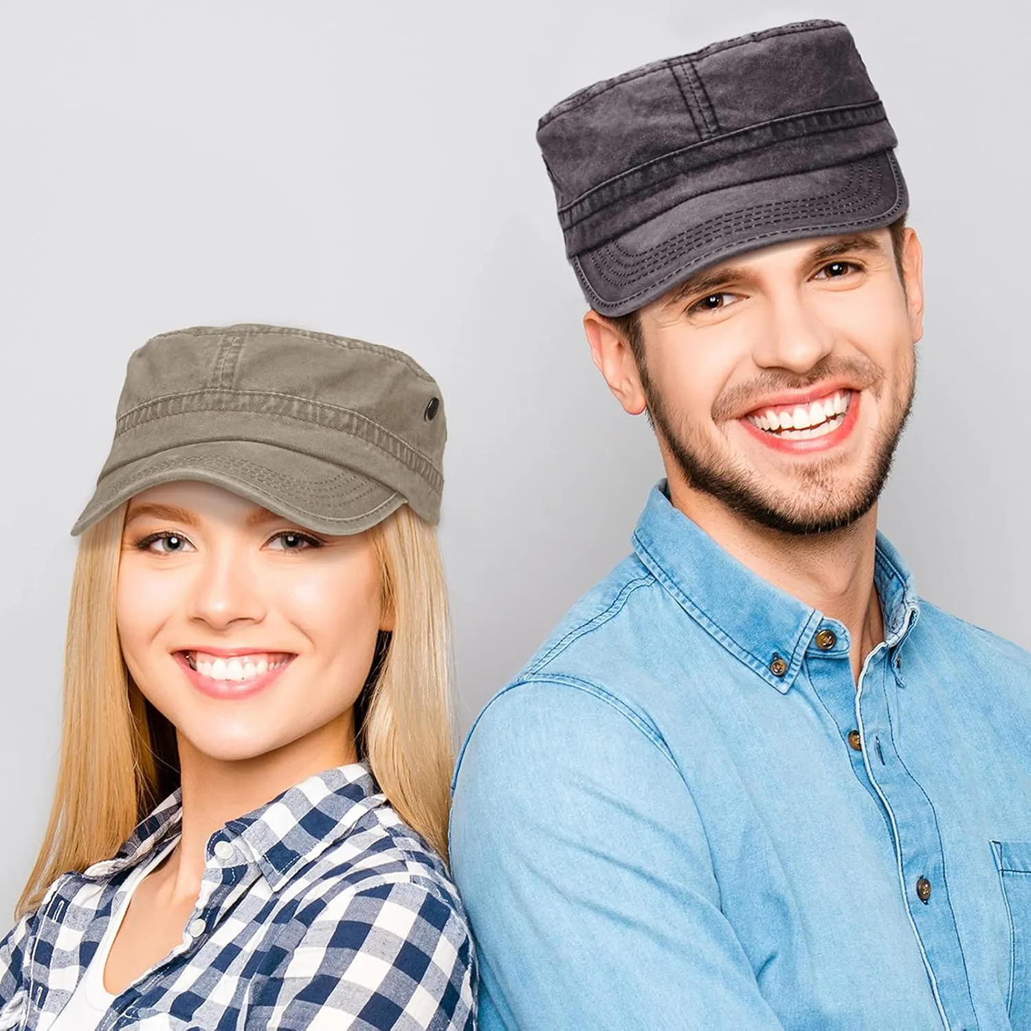 Geyoga Army Cap 2 Pieces Cadet Military Hat for Men Women Washed Cotton Flat Top Cap Unisex Outdoor Sports Casual Sun Hat