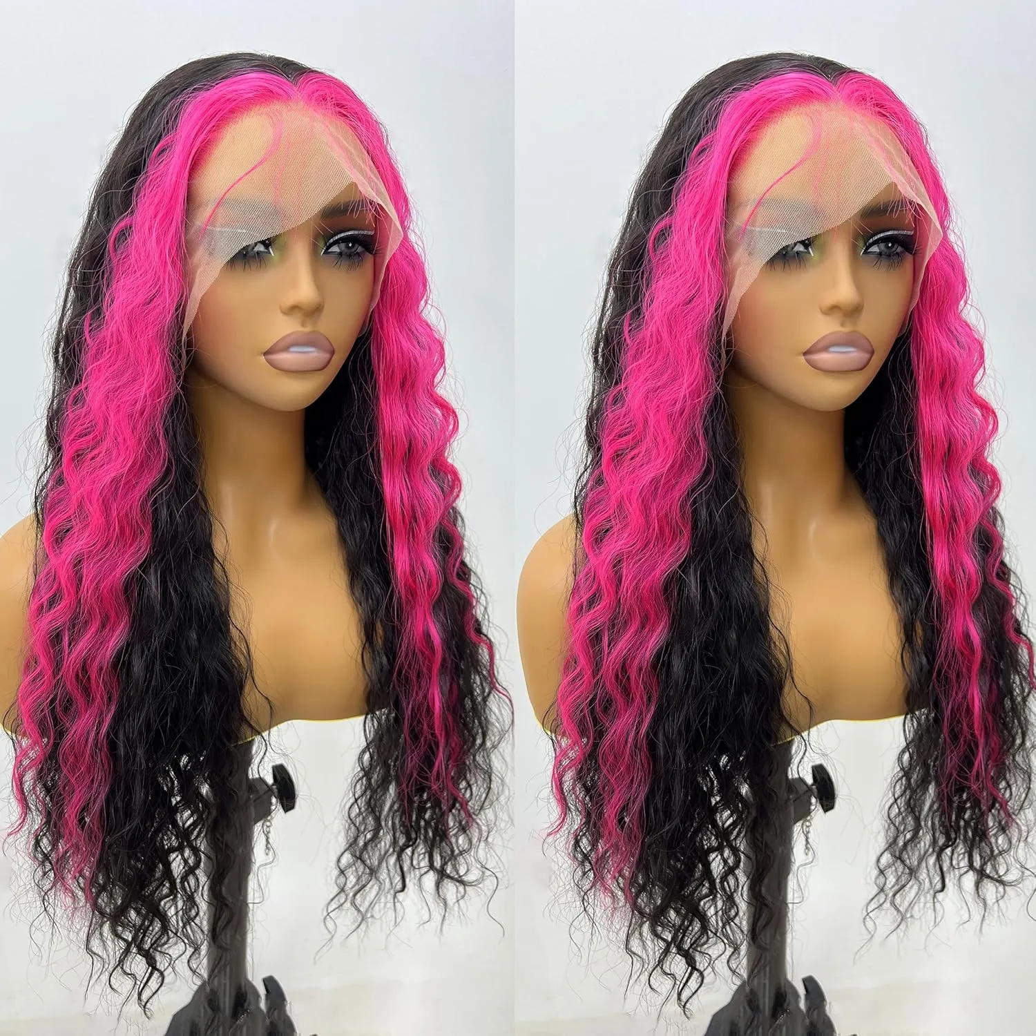 GIANNAY Hot Pink Streak Wigs Pink and Black Lace Front Wigs Curly Synthetic Wig for Women 24-26 Inch