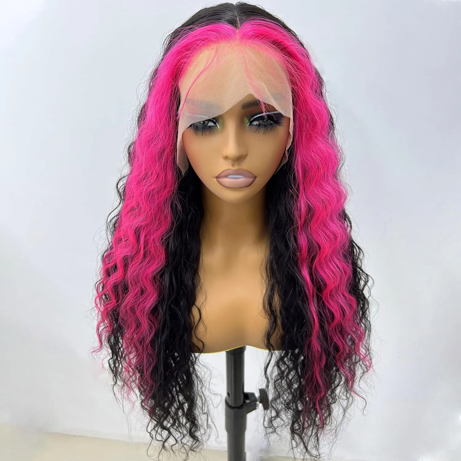 GIANNAY Hot Pink Streak Wigs Pink and Black Lace Front Wigs Curly Synthetic Wig for Women 24-26 Inch
