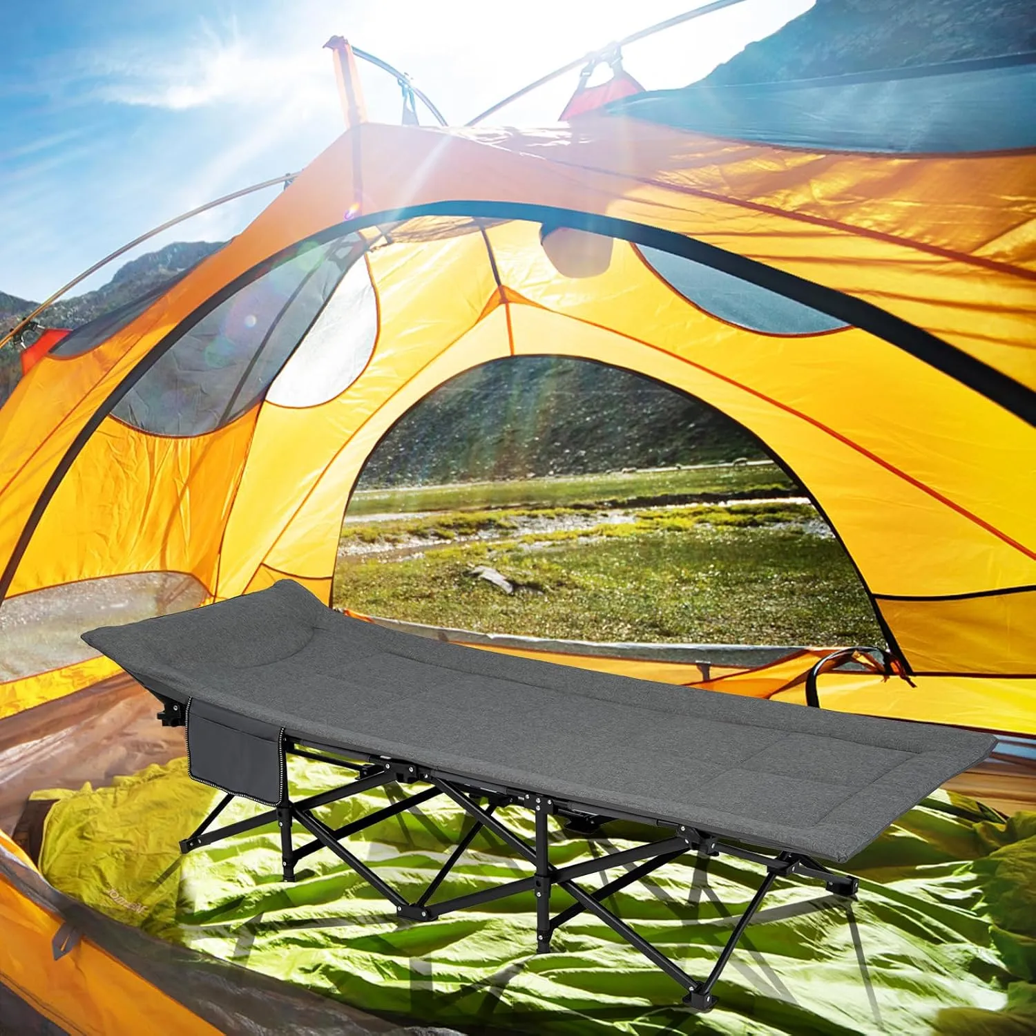 Giantex Folding Camping Cot for Adults - Sleeping Cot Bed with Carry Bag, Cushion & Headrest, 10 Foots, Double Layer Pad, Portable Travel Bed Supports 450 lbs for Lounging, Camp, Tent Cot (Gray)