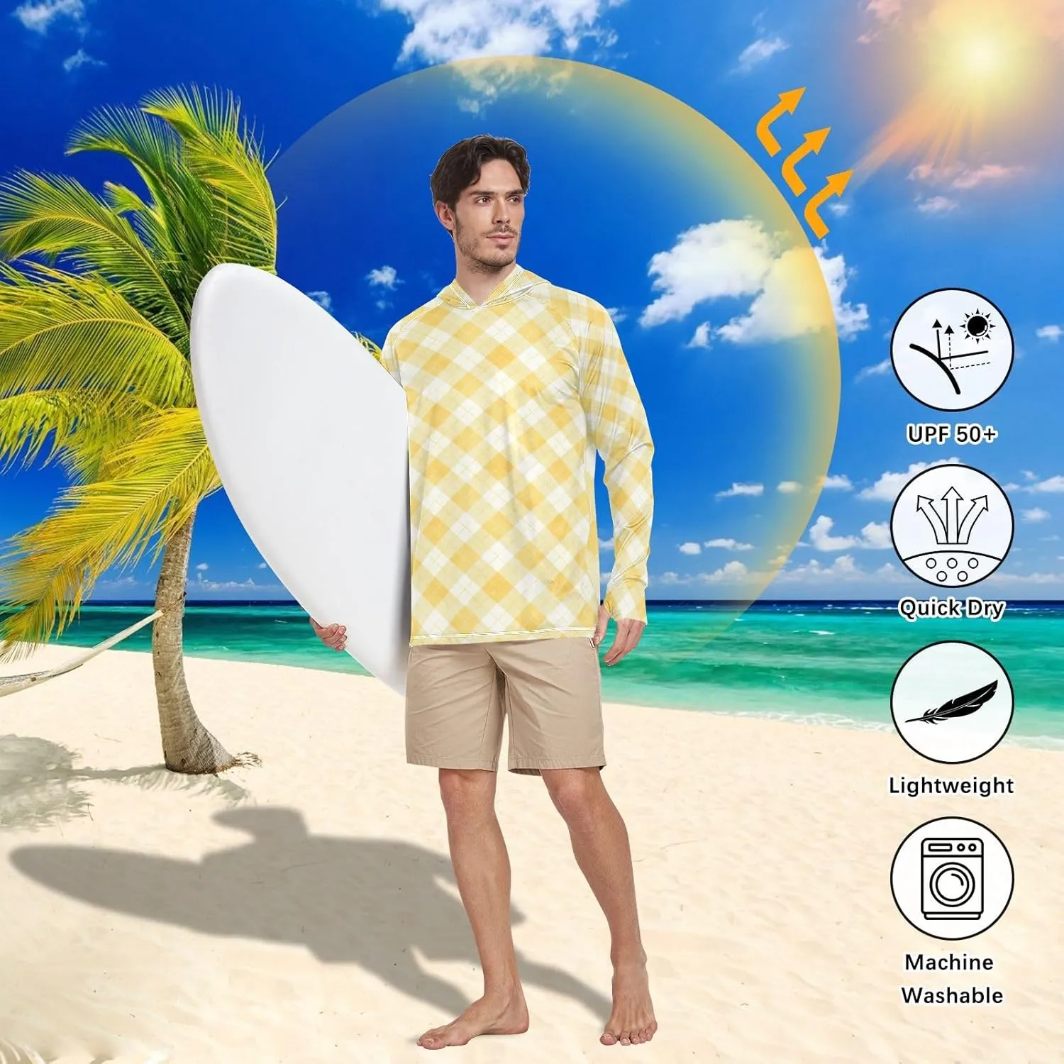 Gingham Butter Yellow Mens Hoodie Sun Protection Long Sleeve Fishing Shirt UPF 50  Active Wear UV Rash Guard Hooded