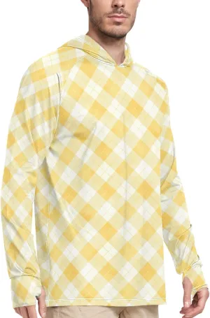 Gingham Butter Yellow Mens Hoodie Sun Protection Long Sleeve Fishing Shirt UPF 50  Active Wear UV Rash Guard Hooded