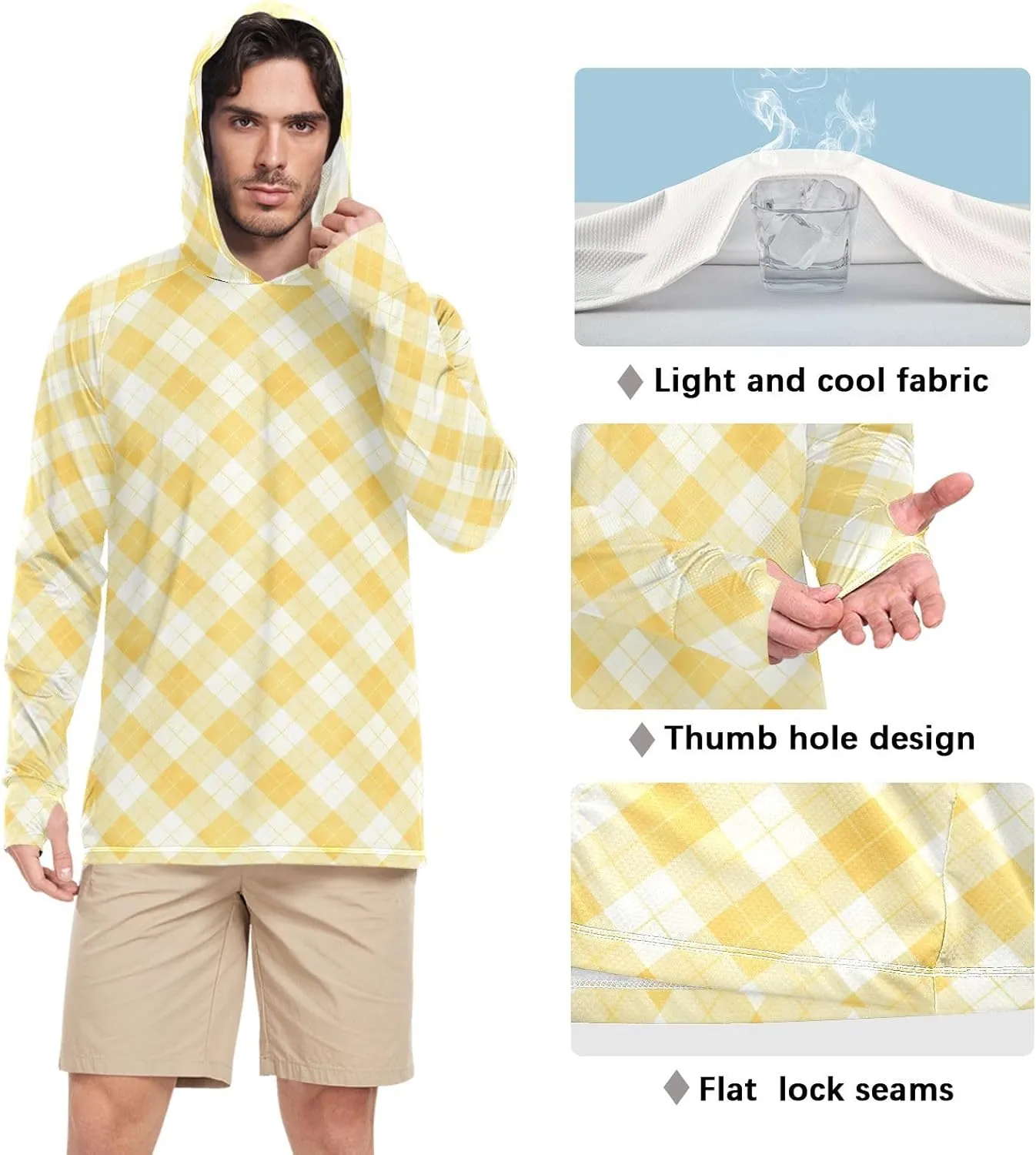 Gingham Butter Yellow Mens Hoodie Sun Protection Long Sleeve Fishing Shirt UPF 50  Active Wear UV Rash Guard Hooded