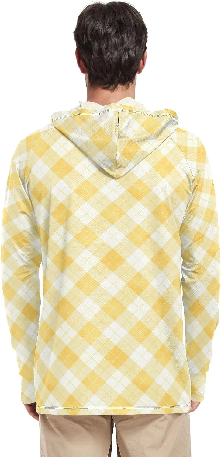 Gingham Butter Yellow Mens Hoodie Sun Protection Long Sleeve Fishing Shirt UPF 50  Active Wear UV Rash Guard Hooded
