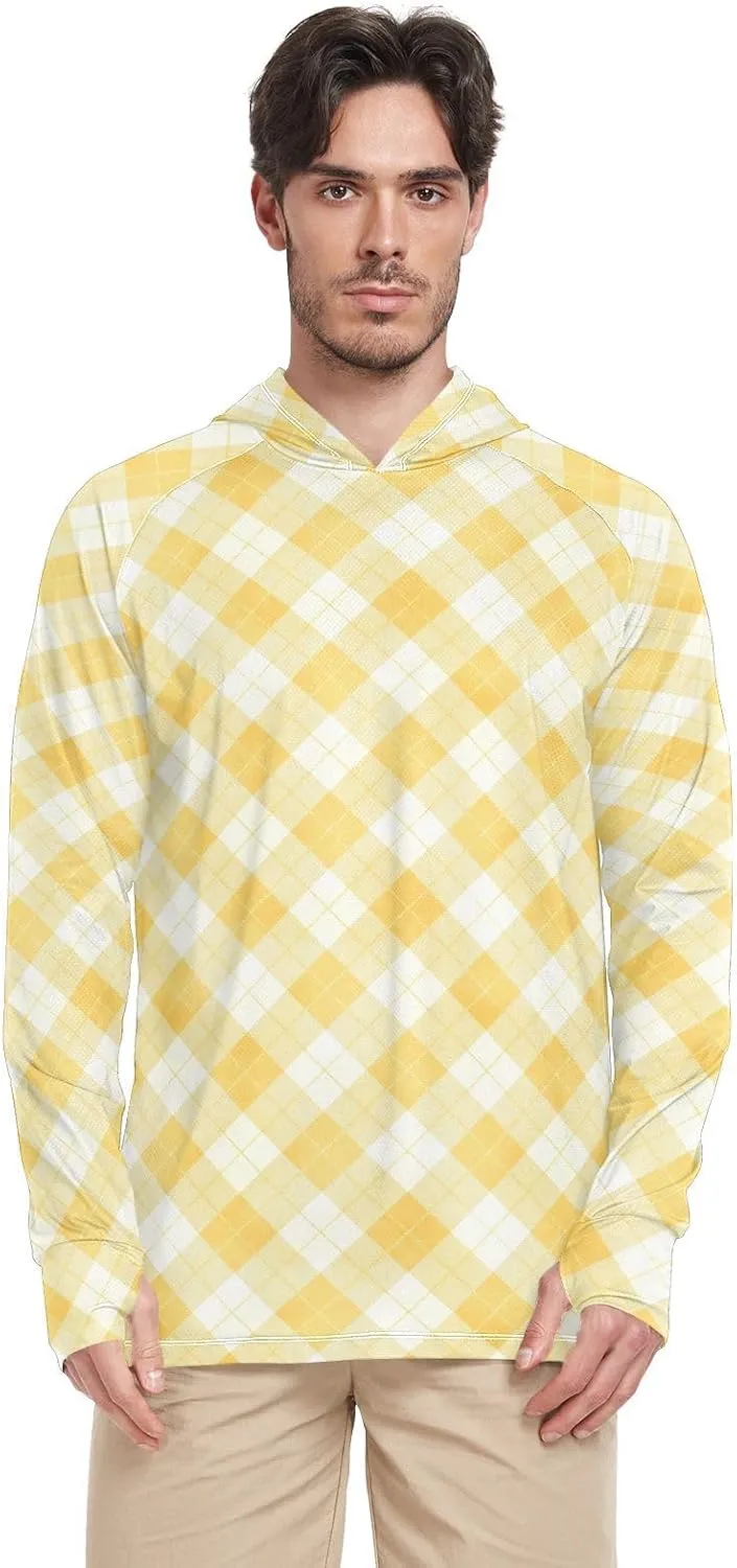Gingham Butter Yellow Mens Hoodie Sun Protection Long Sleeve Fishing Shirt UPF 50  Active Wear UV Rash Guard Hooded