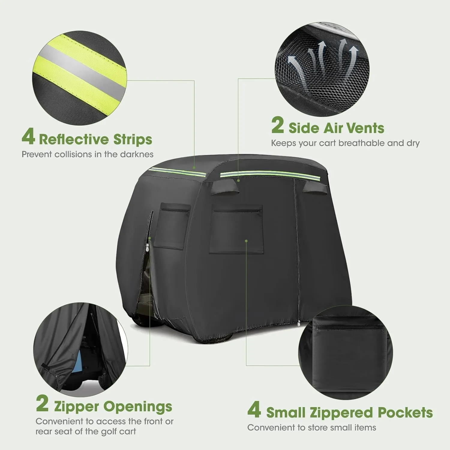 Golf Cart Cover 2/2 2/4/6 Passenger, Heavy Duty 600D Golf Cart Covers for Yamaha, EZGO, Club Car Waterproof Outdoor Seater Golf Cart Cover with Reflective Strips, Zippered Pockets, Zipper Doors