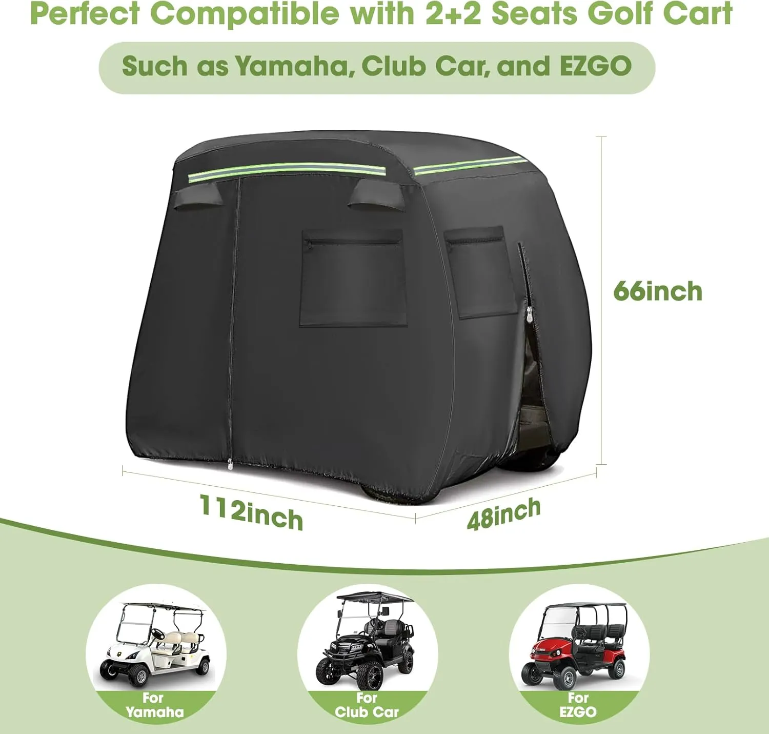 Golf Cart Cover 2/2 2/4/6 Passenger, Heavy Duty 600D Golf Cart Covers for Yamaha, EZGO, Club Car Waterproof Outdoor Seater Golf Cart Cover with Reflective Strips, Zippered Pockets, Zipper Doors