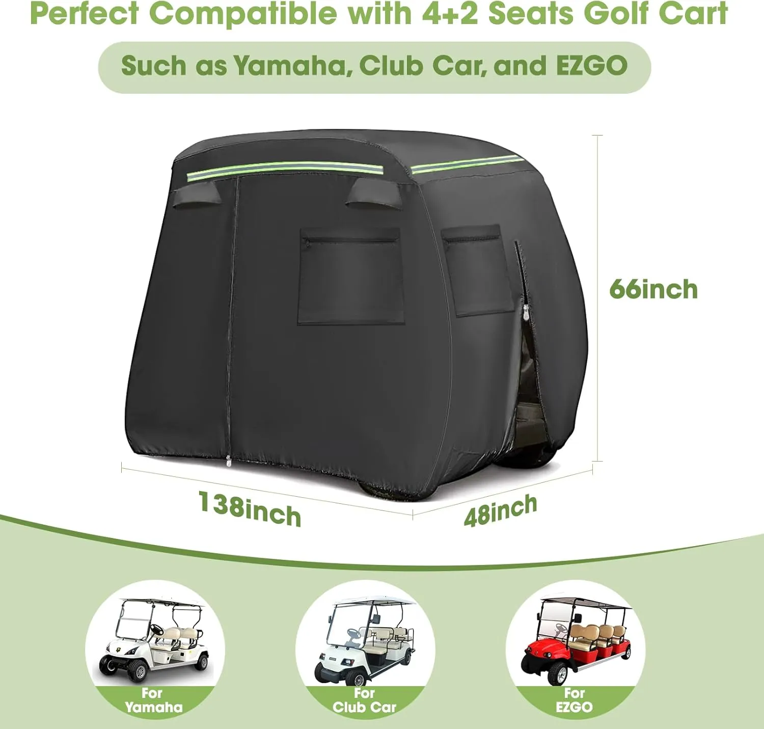 Golf Cart Cover 2/2 2/4/6 Passenger, Heavy Duty 600D Golf Cart Covers for Yamaha, EZGO, Club Car Waterproof Outdoor Seater Golf Cart Cover with Reflective Strips, Zippered Pockets, Zipper Doors