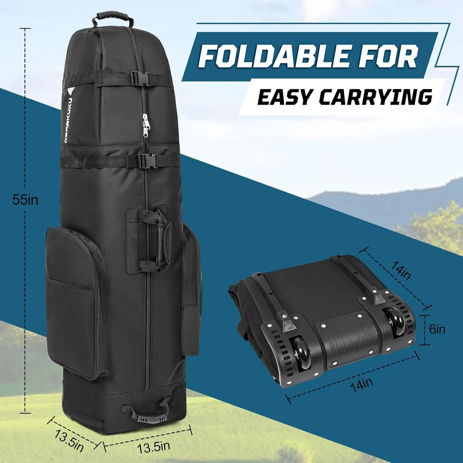 Golf Travel Bag with Wheels, Portable Golf Club Travel Cover for Airlines, 4 Large Pockets,1200D Heavy Duty Wear-Resistant, Soft Sided Foldable Golf Travel Case for Easy Storage