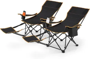 Goplus Reclining Camping Chair with Removable Footrest, 2-in-1 Folding Lounge Chair w/Adjustable Backrest Storage Bag & Cup Holder,Portable Recliner Cozy Lounge Chair for Picnic, Fishing (2)