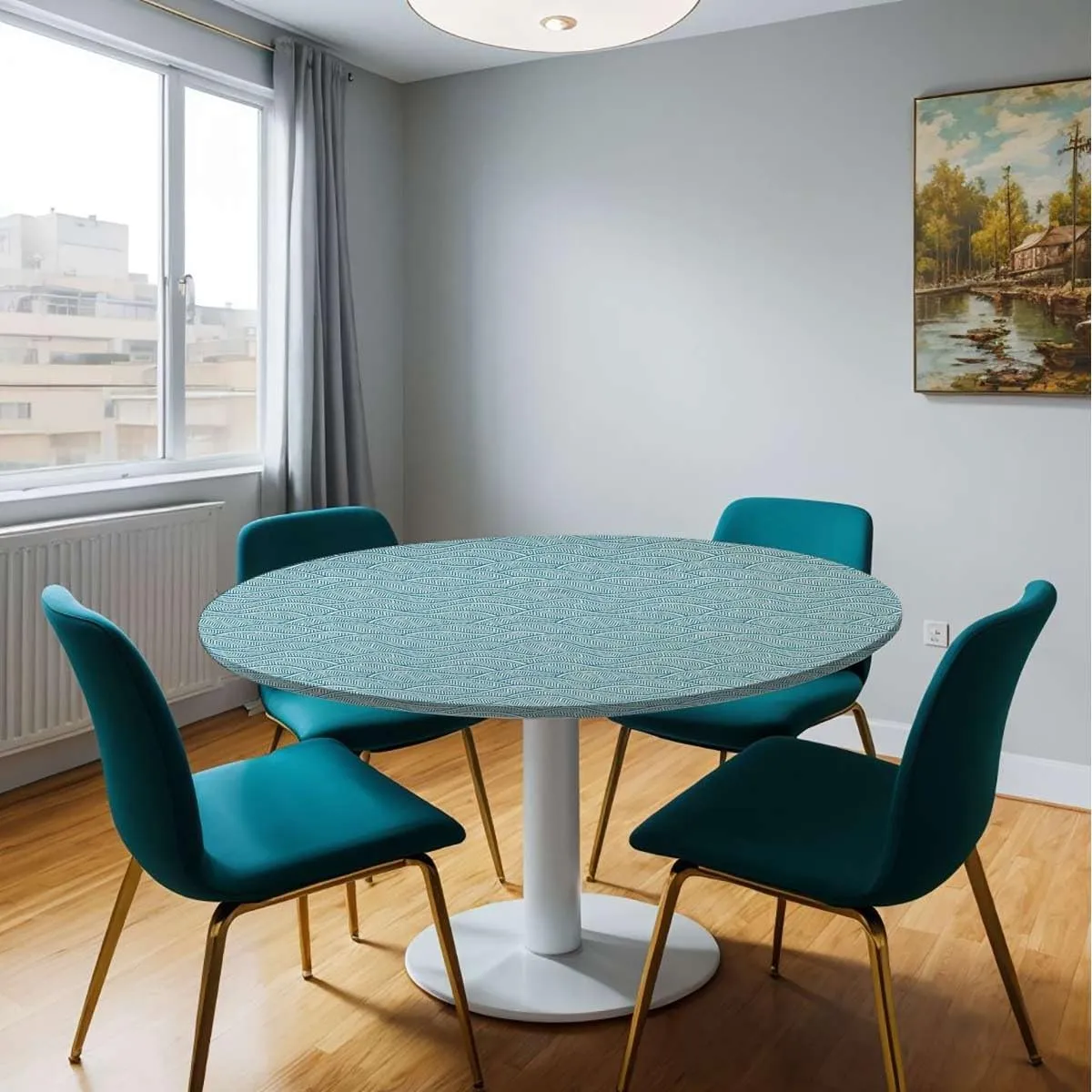 Green Teal Round Tablecloth Leaves Plants Wavy Pattern Doodle Style Wooden Boards Oil Proof Waterproof Tablecloth for Picnic Party Abstract Fit for 44"-47" Table