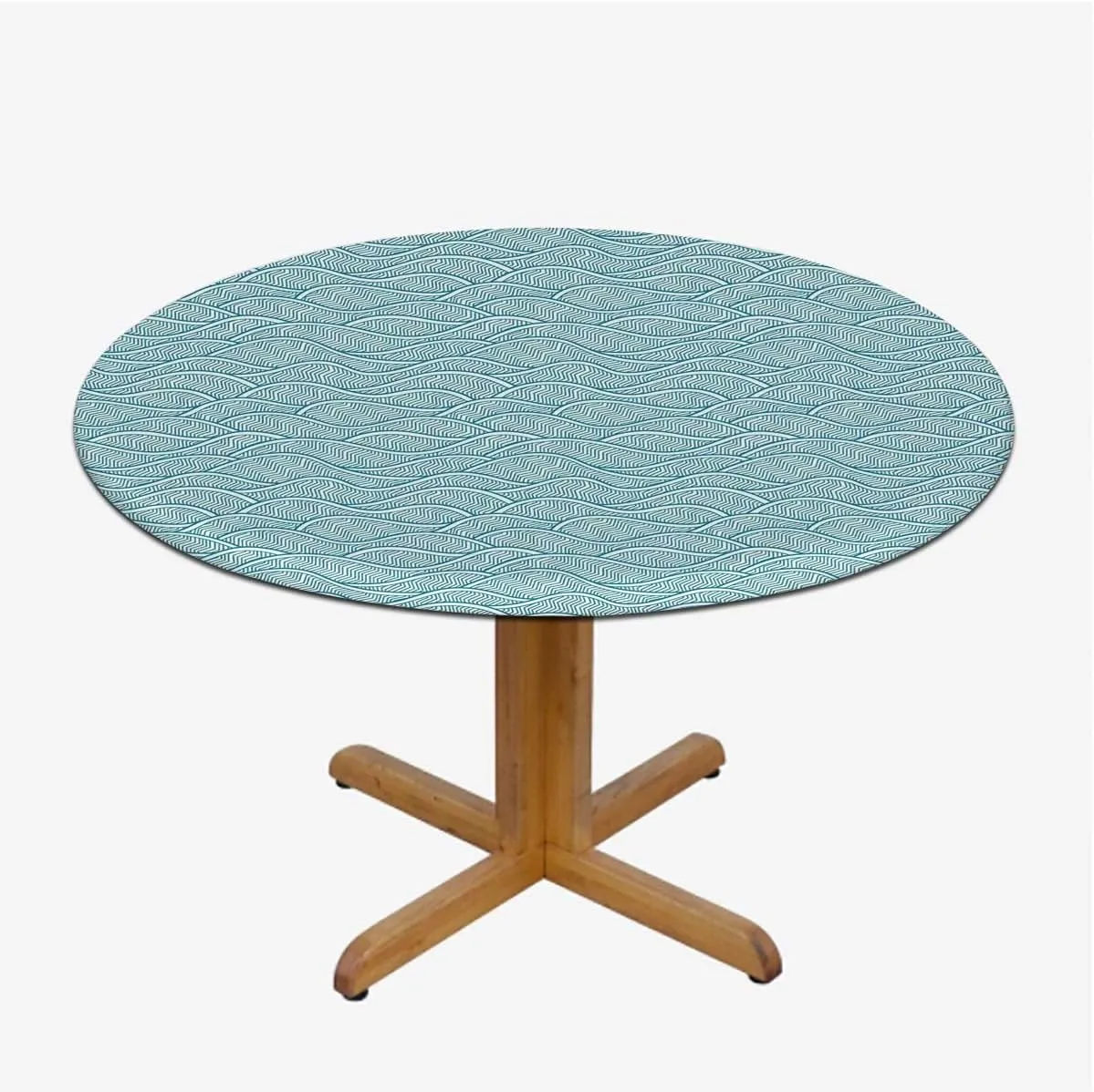 Green Teal Round Tablecloth Leaves Plants Wavy Pattern Doodle Style Wooden Boards Oil Proof Waterproof Tablecloth for Picnic Party Abstract Fit for 44"-47" Table