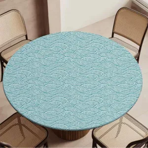 Green Teal Round Tablecloth Leaves Plants Wavy Pattern Doodle Style Wooden Boards Oil Proof Waterproof Tablecloth for Picnic Party Abstract Fit for 44"-47" Table