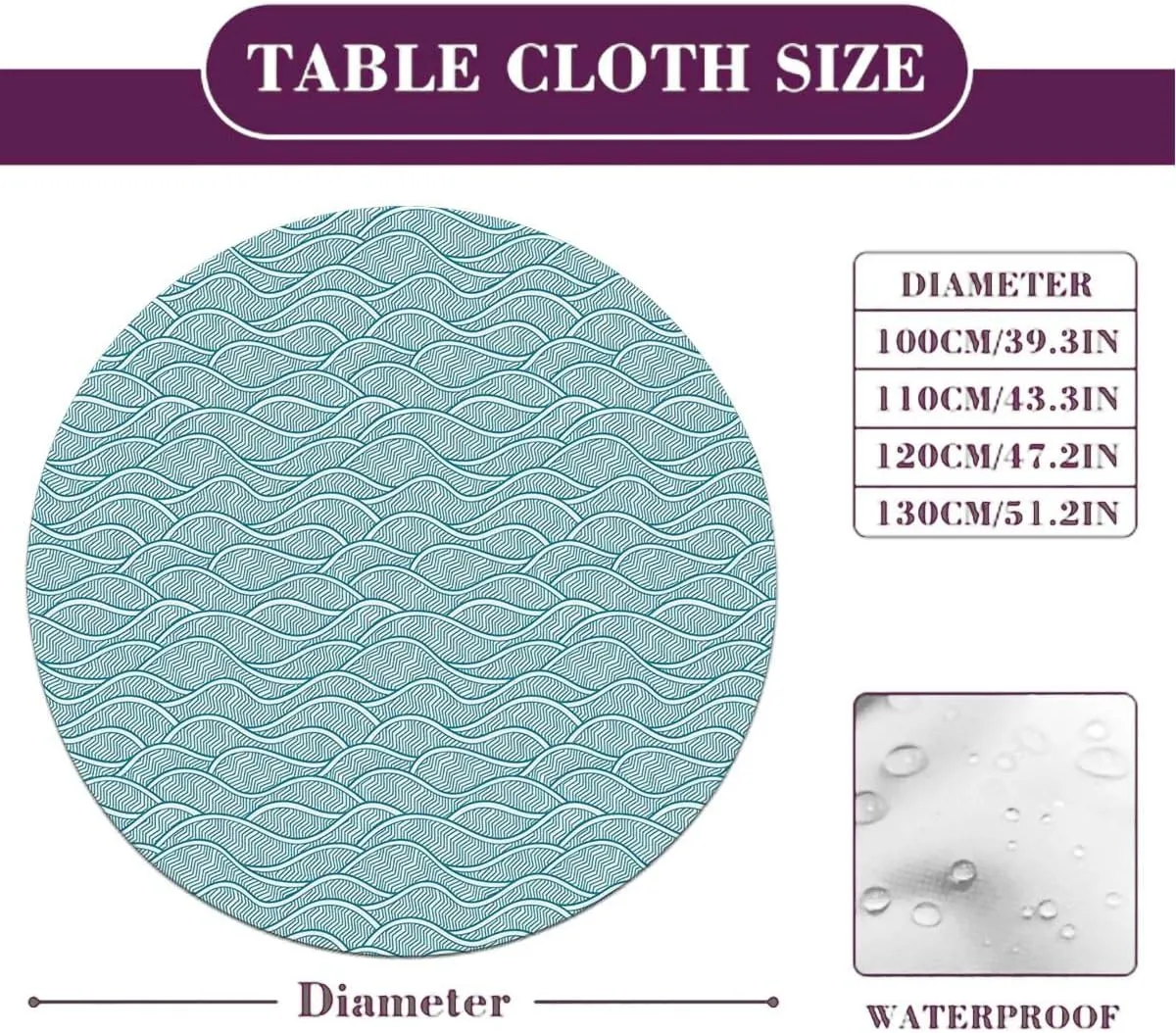 Green Teal Round Tablecloth Leaves Plants Wavy Pattern Doodle Style Wooden Boards Oil Proof Waterproof Tablecloth for Picnic Party Abstract Fit for 44"-47" Table