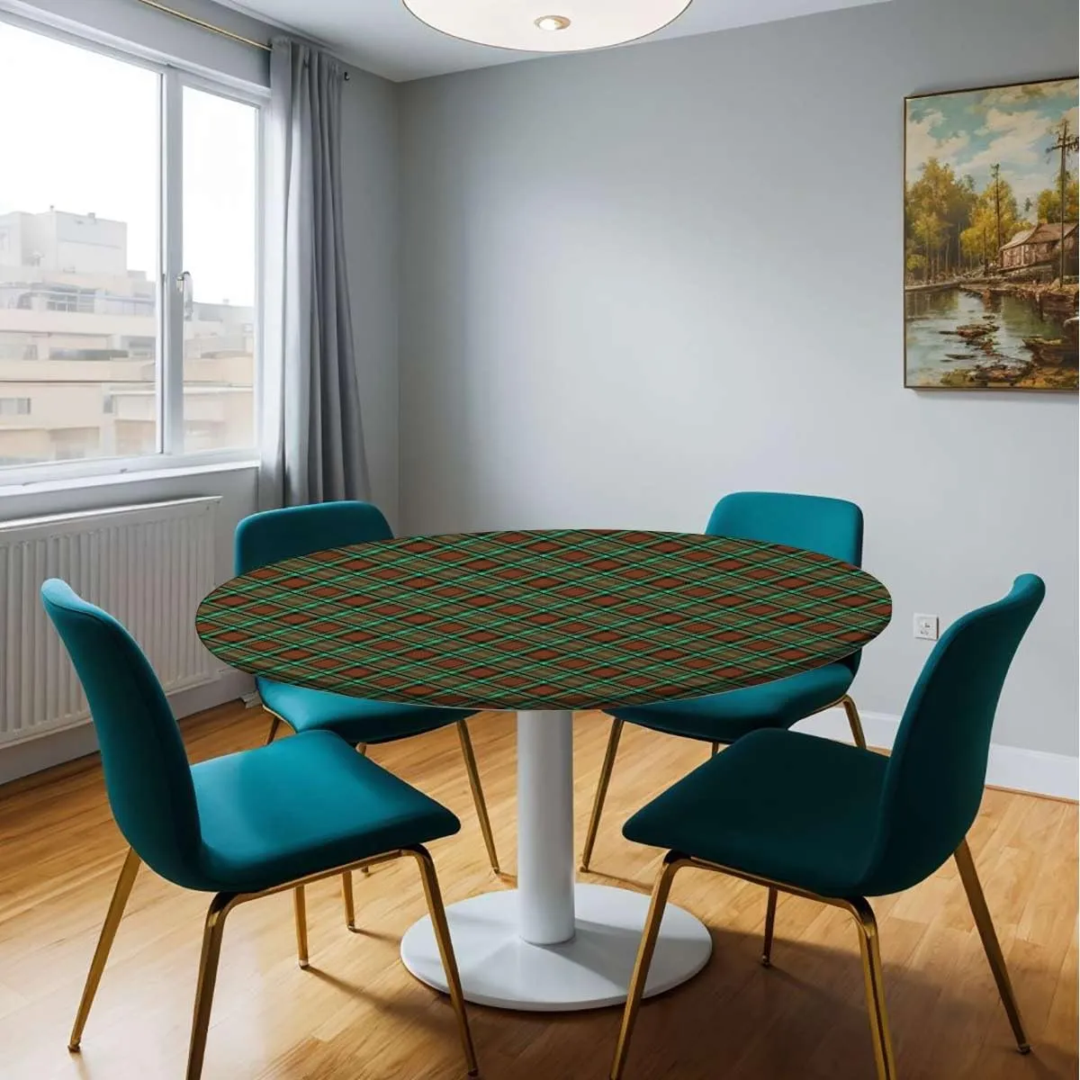 Green Vermilion Round Fitted Tablecloth Geometrical Crossed Stripes Plaid with Elastic Edge Polyester Waterproof Spill Proof Table Cover Fit for 36"-39" Diameter Table Checkered
