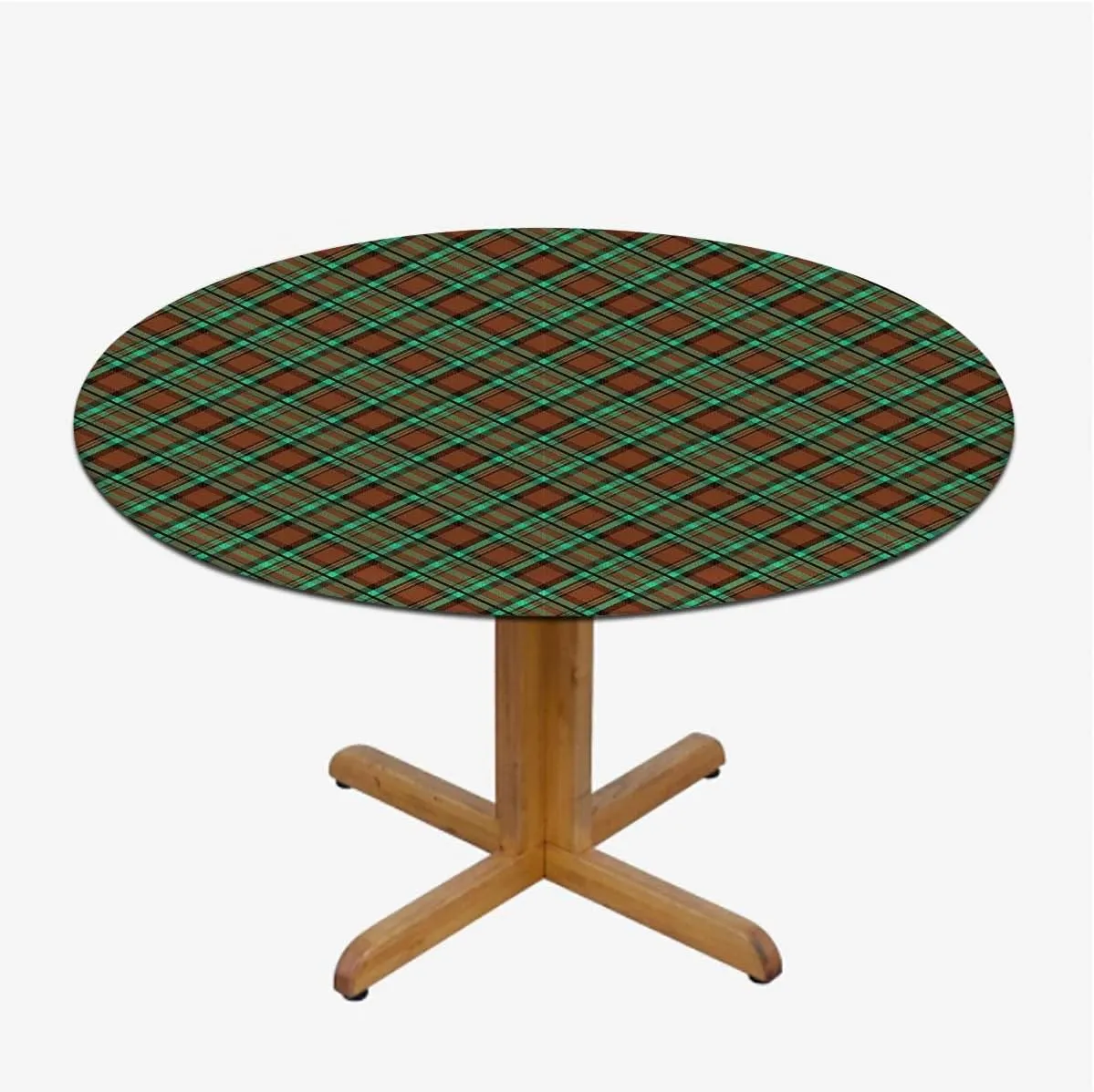 Green Vermilion Round Fitted Tablecloth Geometrical Crossed Stripes Plaid with Elastic Edge Polyester Waterproof Spill Proof Table Cover Fit for 36"-39" Diameter Table Checkered