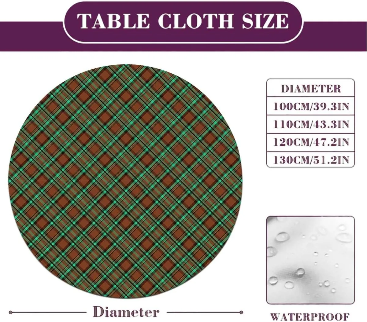 Green Vermilion Round Fitted Tablecloth Geometrical Crossed Stripes Plaid with Elastic Edge Polyester Waterproof Spill Proof Table Cover Fit for 36"-39" Diameter Table Checkered