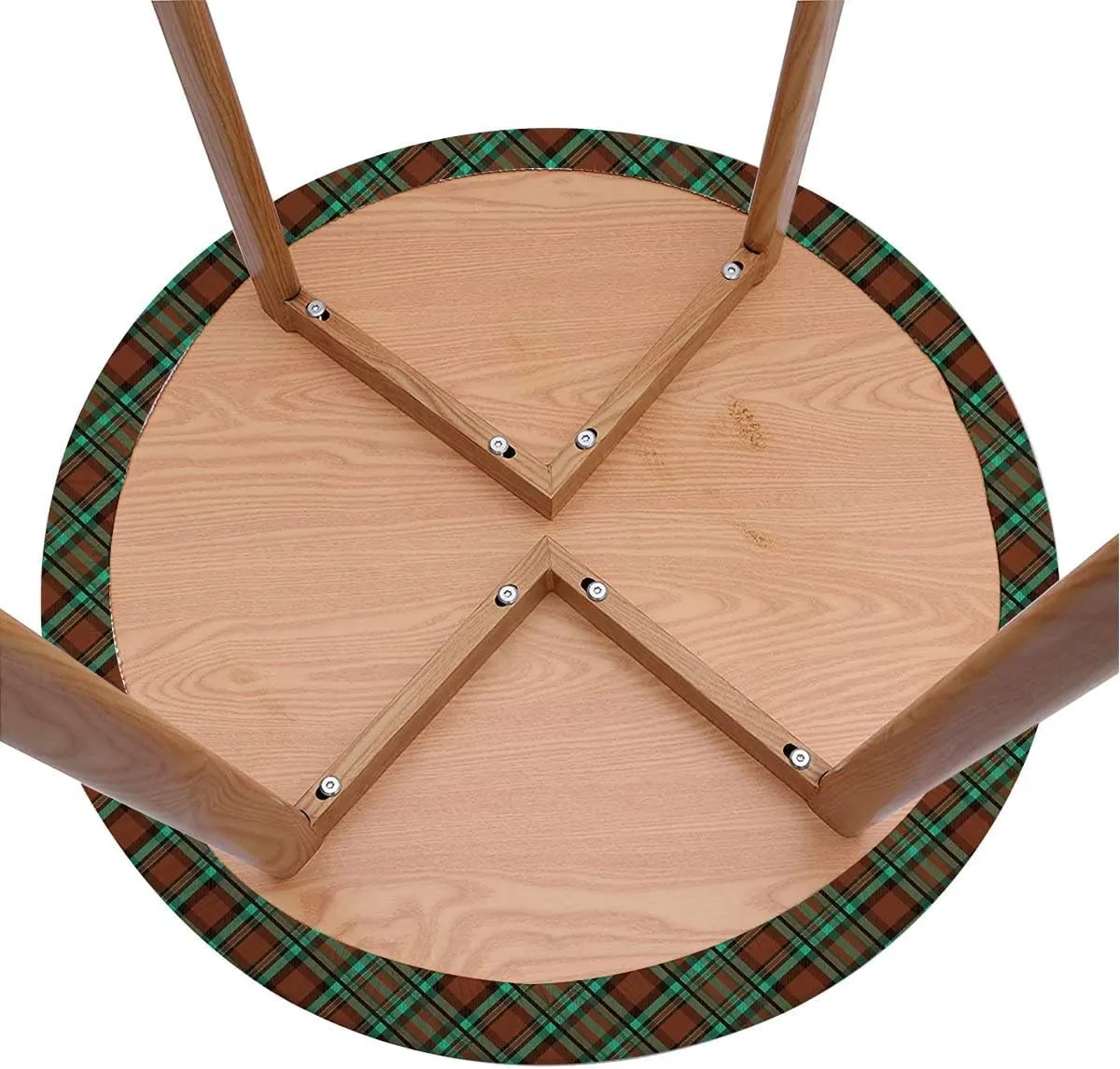 Green Vermilion Round Fitted Tablecloth Geometrical Crossed Stripes Plaid with Elastic Edge Polyester Waterproof Spill Proof Table Cover Fit for 36"-39" Diameter Table Checkered