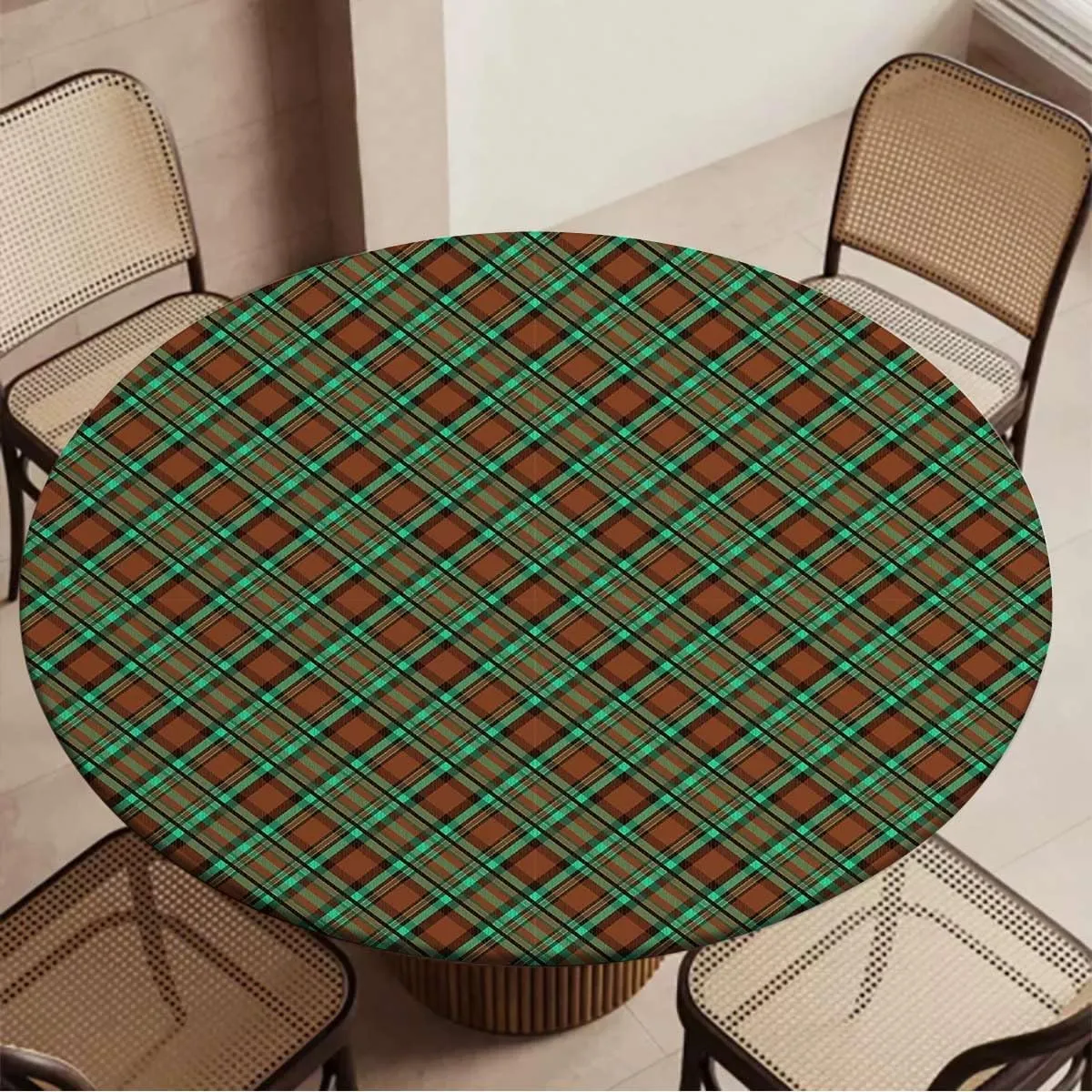 Green Vermilion Round Fitted Tablecloth Geometrical Crossed Stripes Plaid with Elastic Edge Polyester Waterproof Spill Proof Table Cover Fit for 36"-39" Diameter Table Checkered