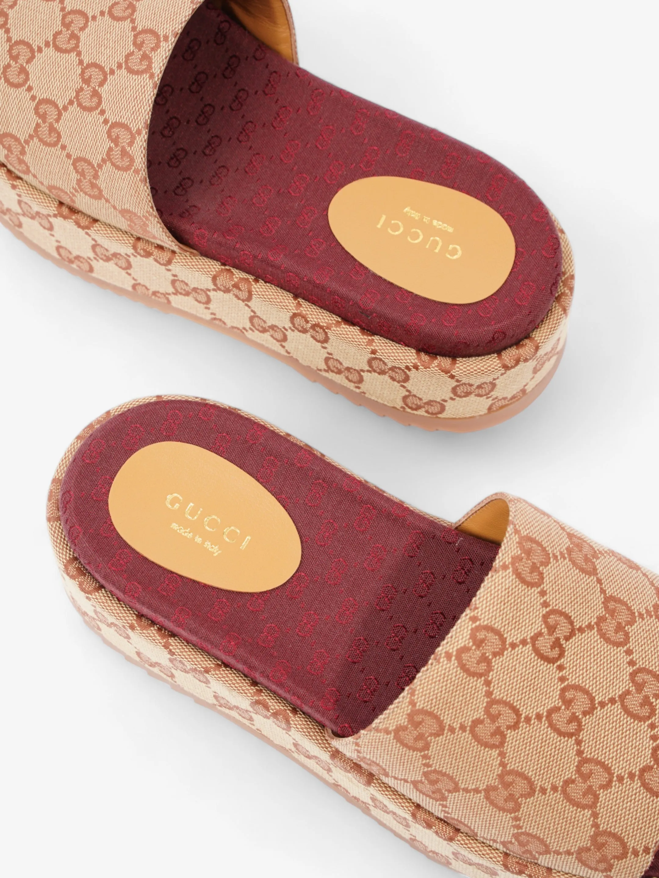 Gucci GG Canvas Platform Sandal Gold / Burgundy Canvas EU 38 UK 5