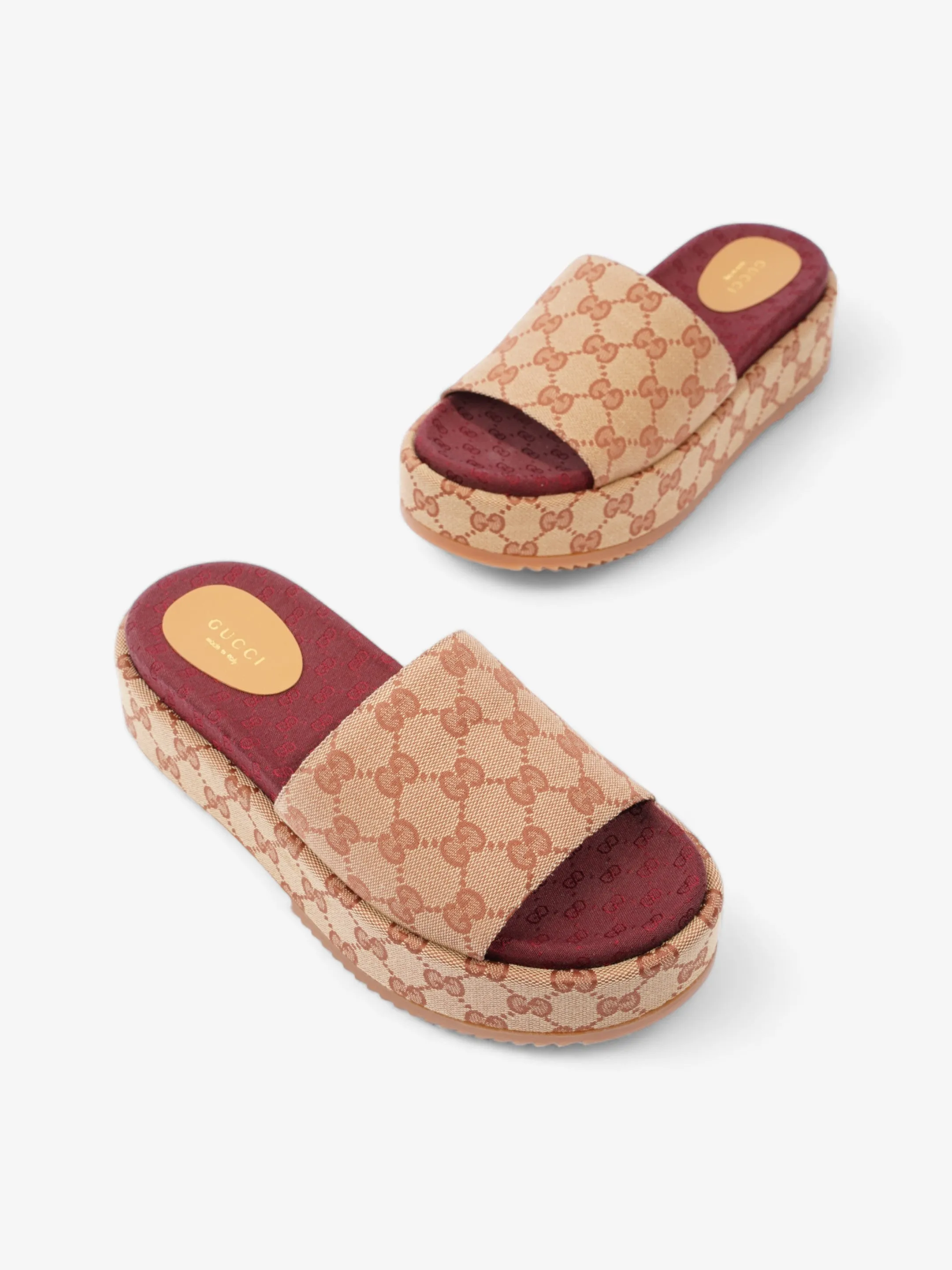 Gucci GG Canvas Platform Sandal Gold / Burgundy Canvas EU 38 UK 5