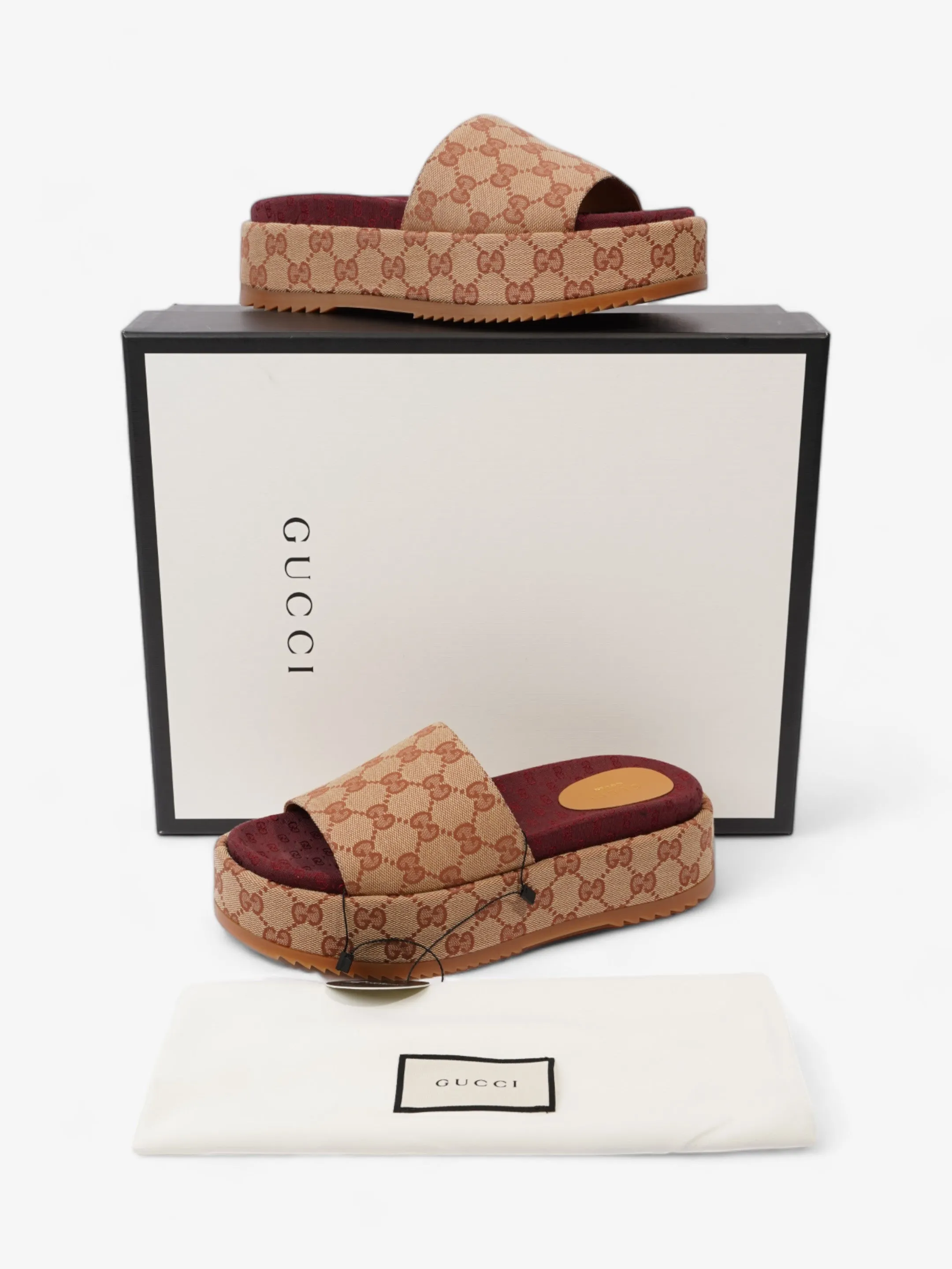 Gucci GG Canvas Platform Sandal Gold / Burgundy Canvas EU 38 UK 5