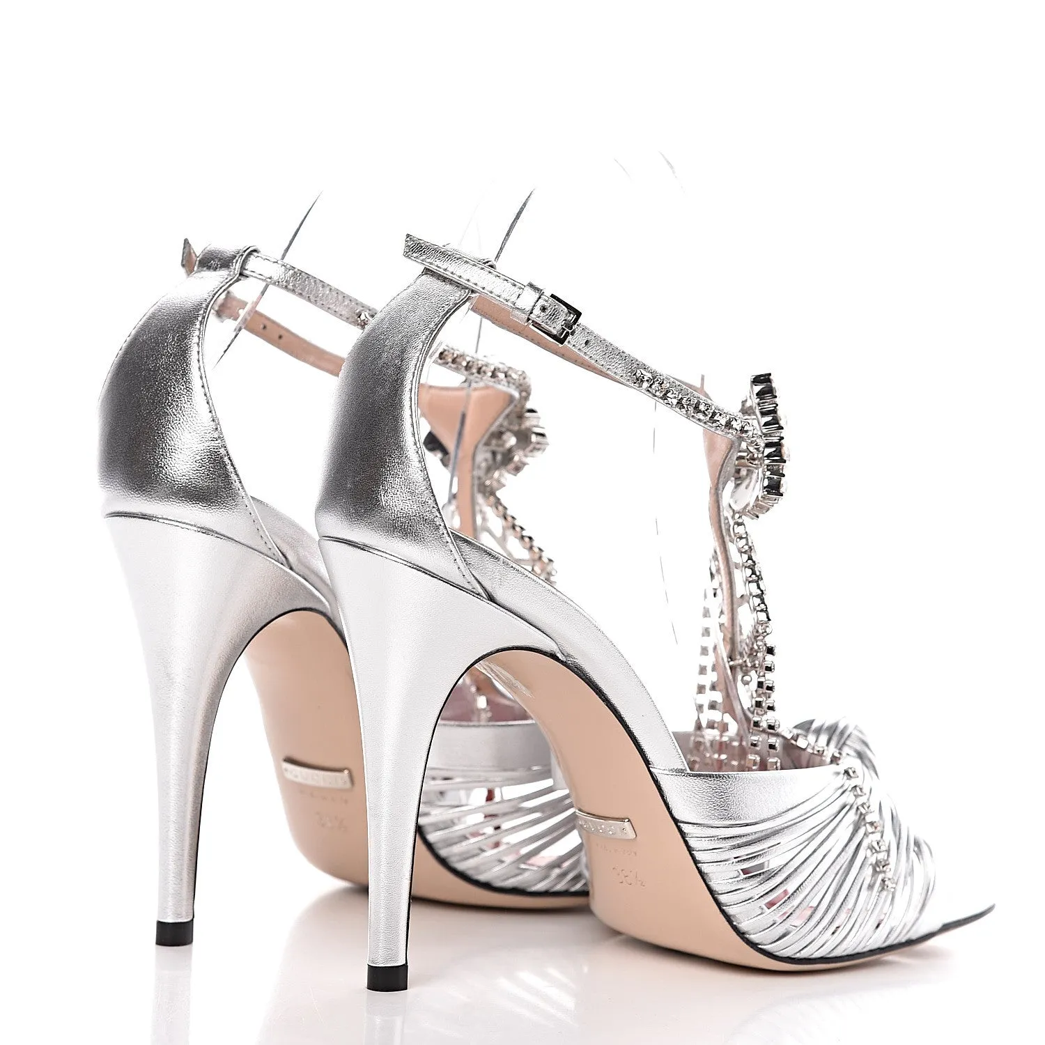 Gucci Napa Silk Crystal Crawford Strap Sandal in Silver