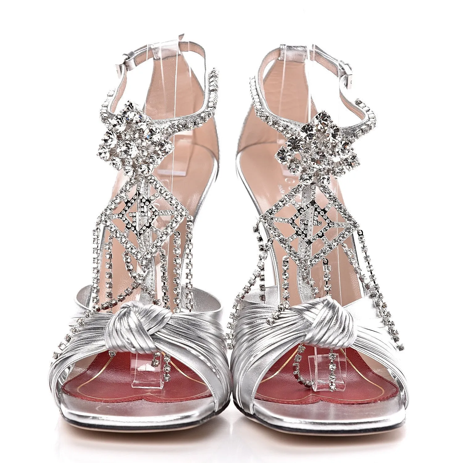 Gucci Napa Silk Crystal Crawford Strap Sandal in Silver