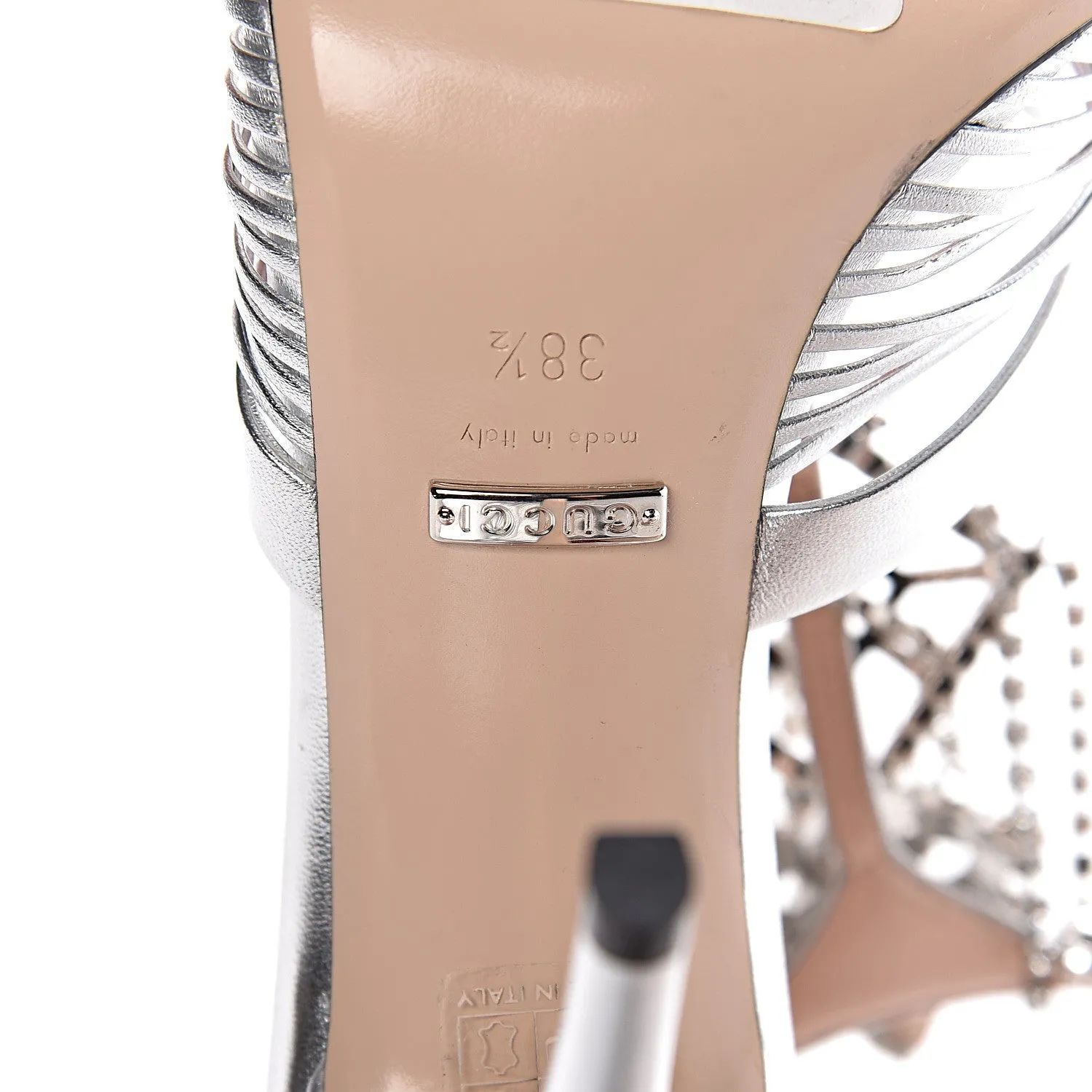 Gucci Napa Silk Crystal Crawford Strap Sandal in Silver