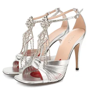 Gucci Napa Silk Crystal Crawford Strap Sandal in Silver