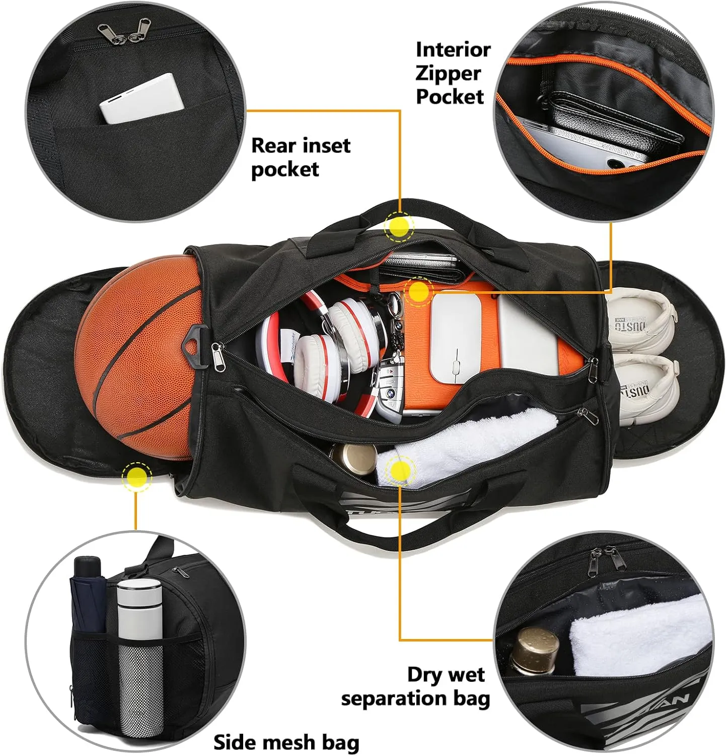 Gym Bag for Men Women with Wet Pocket & Shoe Compartment Travel Duffle Bag Man Sport Basketball Football Bag Weekend Overnight Duffel Bag Gym Tote bag 40L, Black