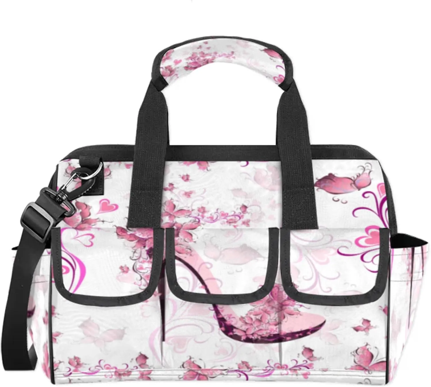 Hand Painted Heart Flower High Heels Tool Bag Multi Pockets Wide Mouth Tool Pouch For Men Women Waterproof Soft Bottom Tool Tote Removable and Adjustable Garden Tool Backpack 14.8 Inch