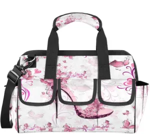 Hand Painted Heart Flower High Heels Tool Bag Multi Pockets Wide Mouth Tool Pouch For Men Women Waterproof Soft Bottom Tool Tote Removable and Adjustable Garden Tool Backpack 14.8 Inch