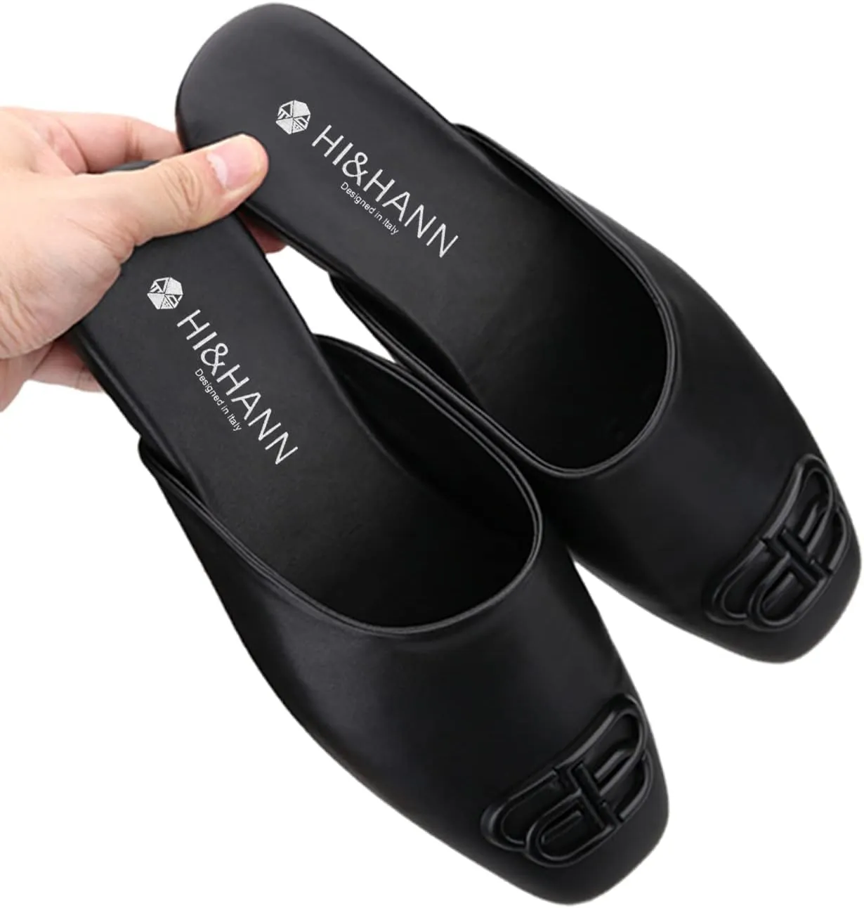 HI&HANN Handcrafted Black Calfskin Men's Mules British Style Luxurious Metal Buckle Men Slippers Party and Dress Sandal