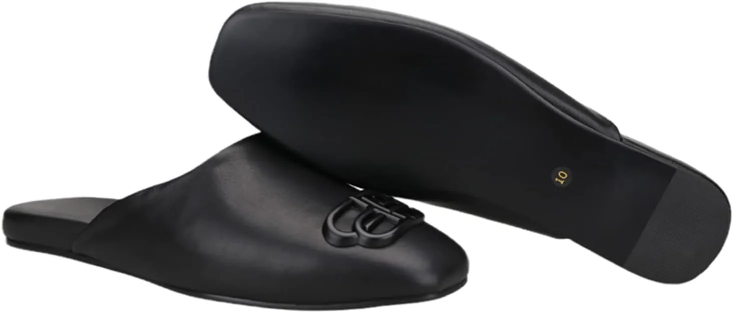HI&HANN Handcrafted Black Calfskin Men's Mules British Style Luxurious Metal Buckle Men Slippers Party and Dress Sandal