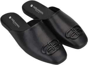 HI&HANN Handcrafted Black Calfskin Men's Mules British Style Luxurious Metal Buckle Men Slippers Party and Dress Sandal