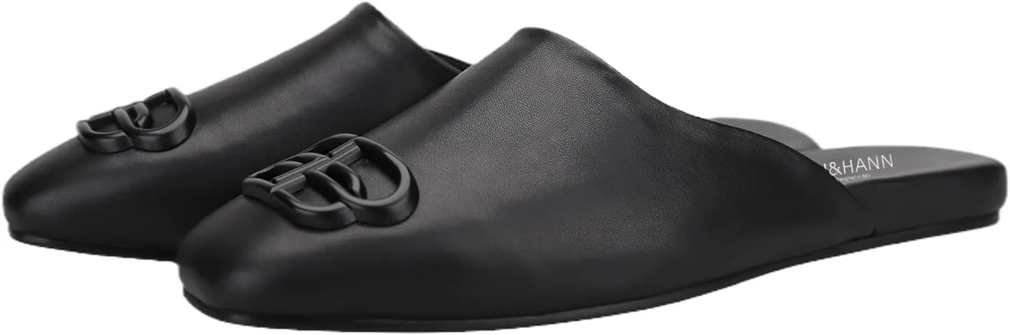 HI&HANN Handcrafted Black Calfskin Men's Mules British Style Luxurious Metal Buckle Men Slippers Party and Dress Sandal
