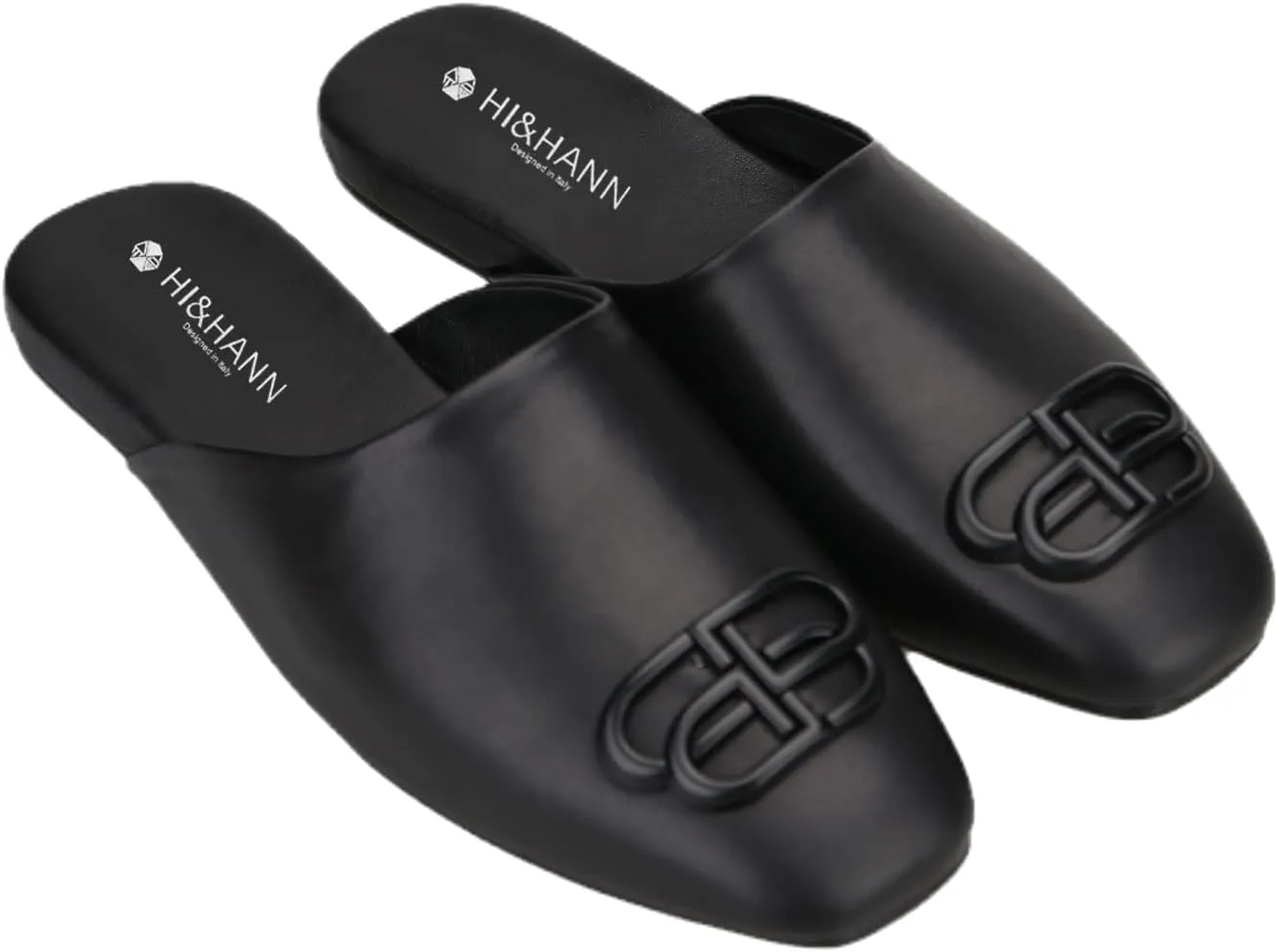 HI&HANN Handcrafted Black Calfskin Men's Mules British Style Luxurious Metal Buckle Men Slippers Party and Dress Sandal