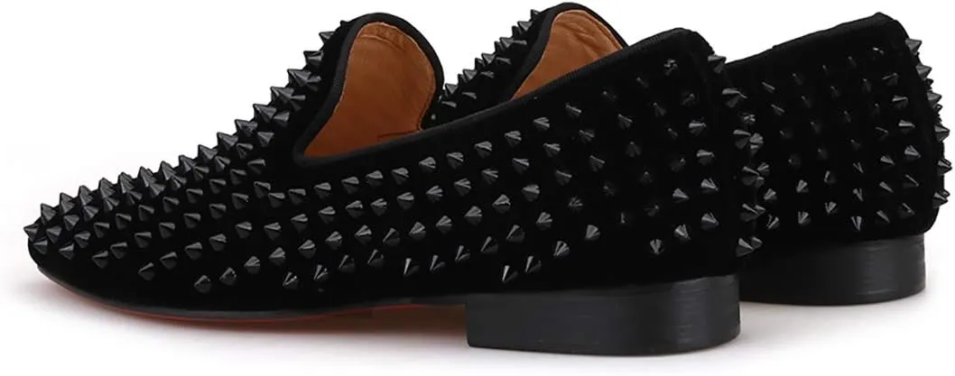 HI&HANN Men Velvet Shoes with Royal Blue Spike Slip-on Dress Loafer Smoking Slipper Male's Flats