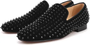 HI&HANN Men Velvet Shoes with Royal Blue Spike Slip-on Dress Loafer Smoking Slipper Male's Flats