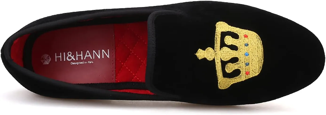 HI&HANN Men's Embroidered Velvet Loafer Shoes Slip-on Loafer Round Toes Smoking Slipper