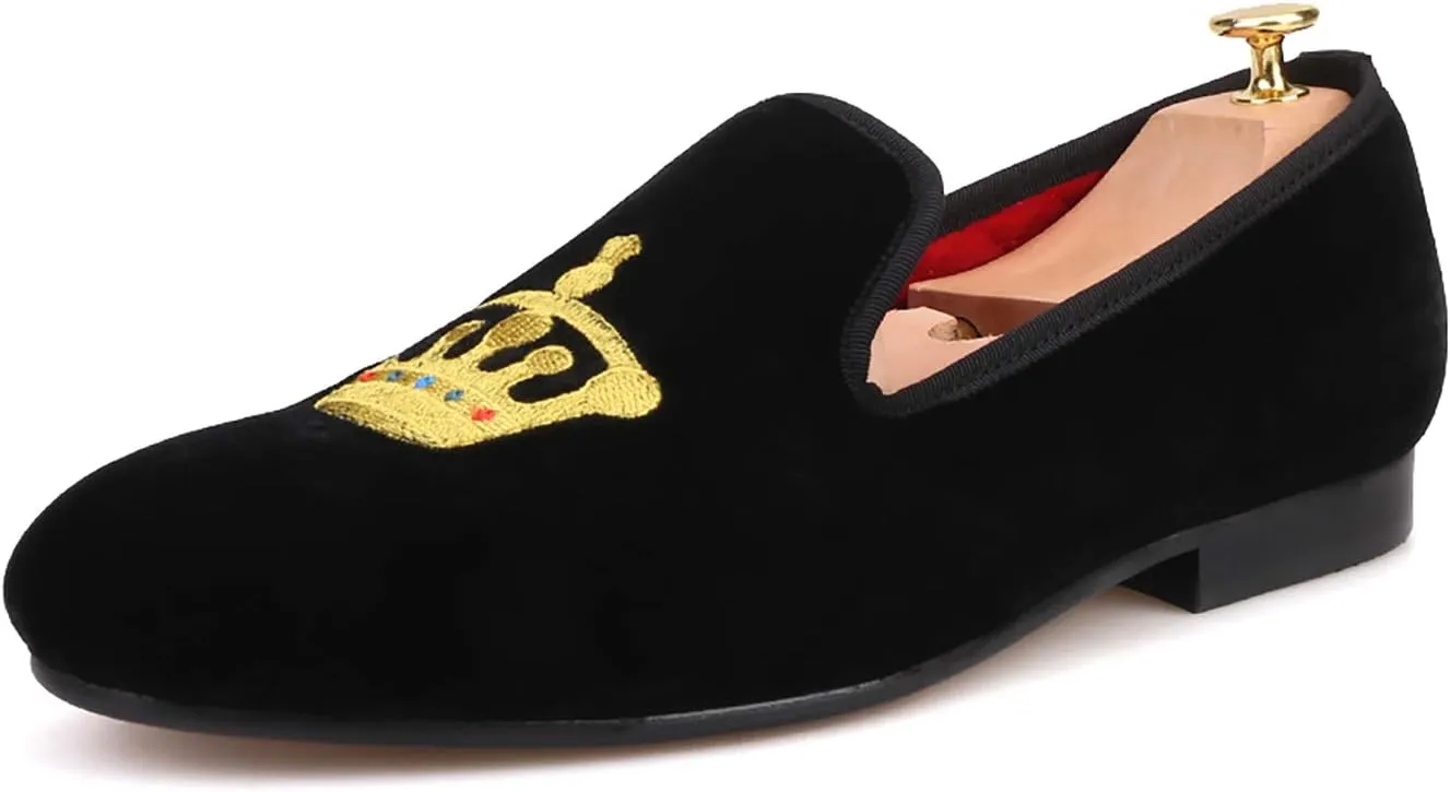 HI&HANN Men's Embroidered Velvet Loafer Shoes Slip-on Loafer Round Toes Smoking Slipper