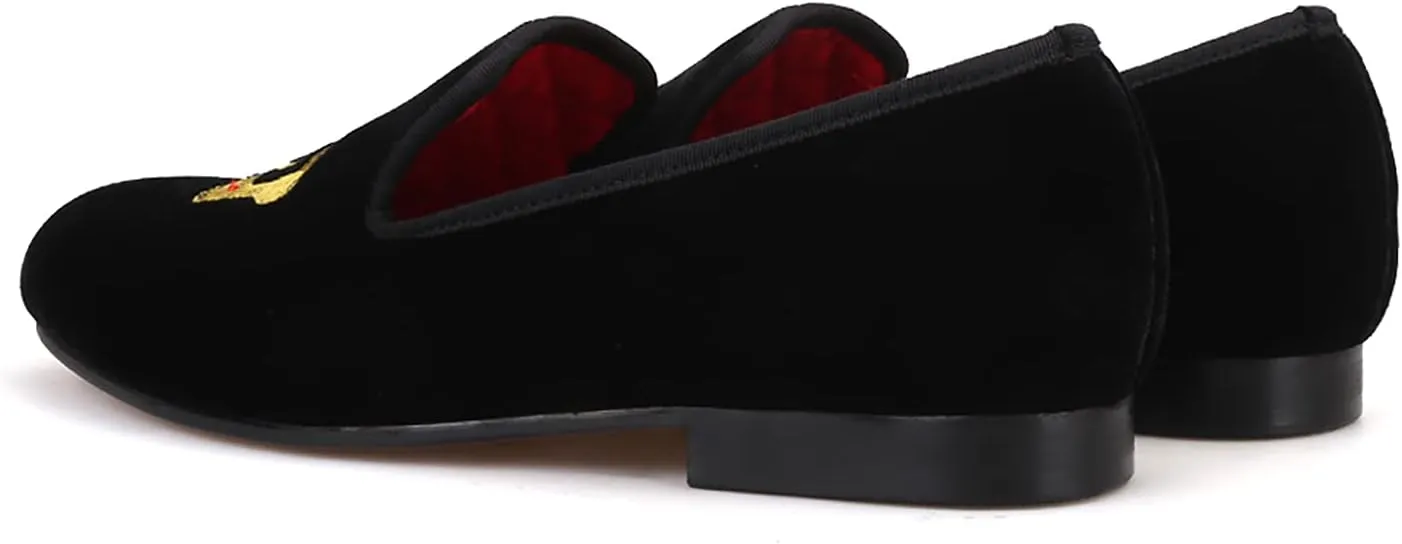 HI&HANN Men's Embroidered Velvet Loafer Shoes Slip-on Loafer Round Toes Smoking Slipper