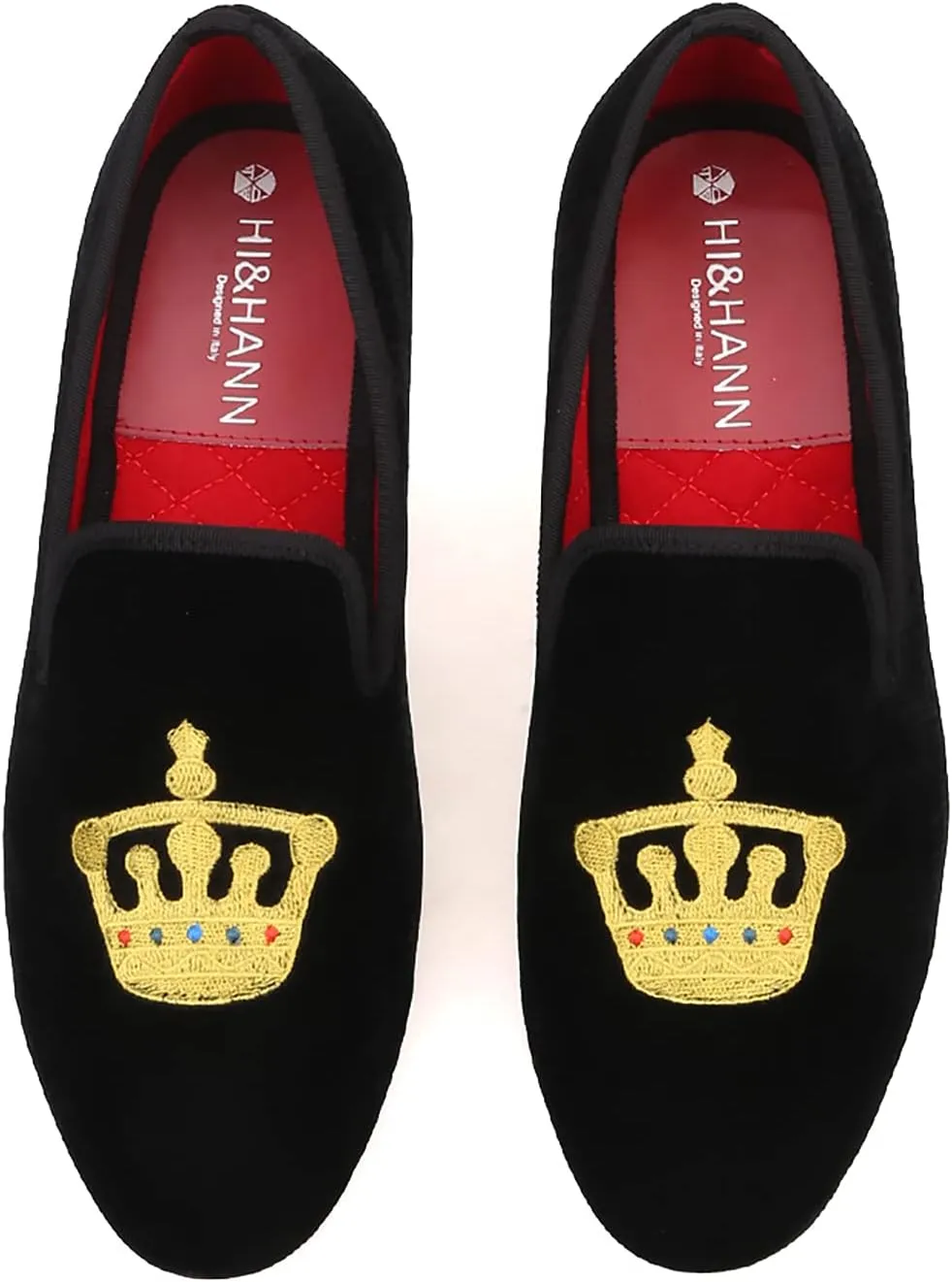 HI&HANN Men's Embroidered Velvet Loafer Shoes Slip-on Loafer Round Toes Smoking Slipper
