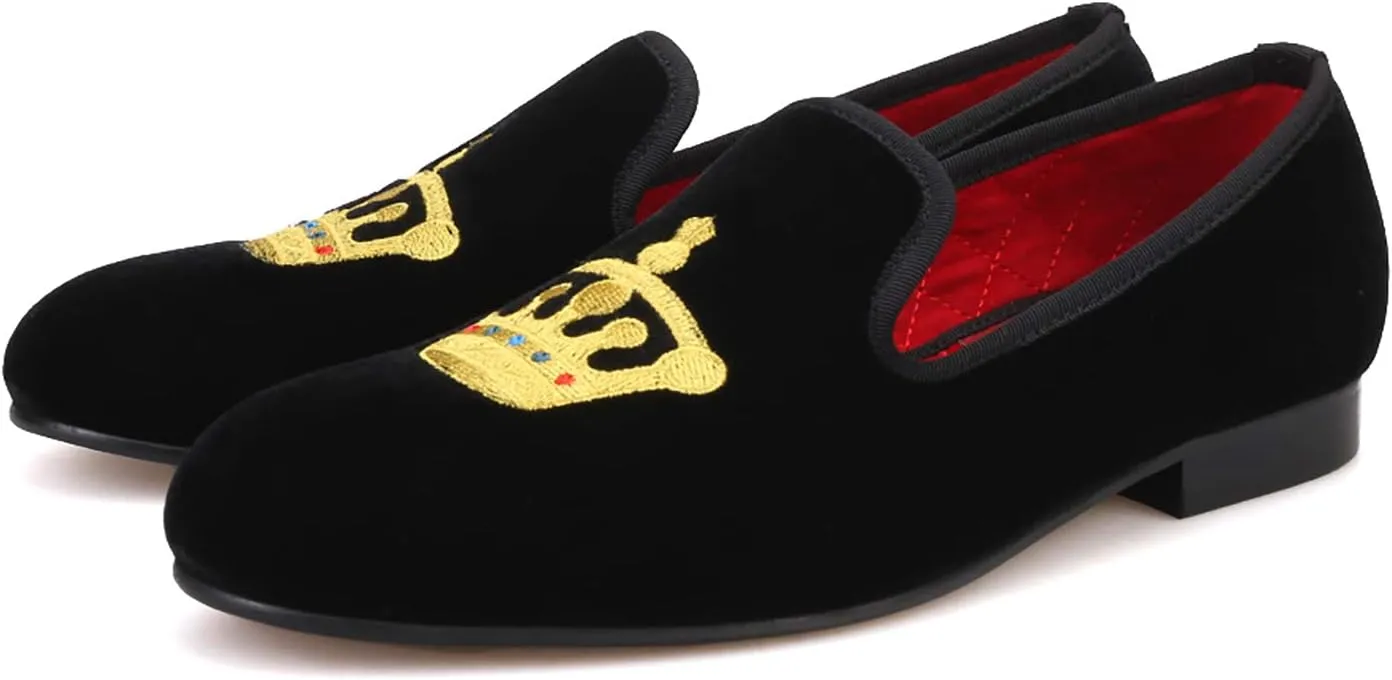 HI&HANN Men's Embroidered Velvet Loafer Shoes Slip-on Loafer Round Toes Smoking Slipper