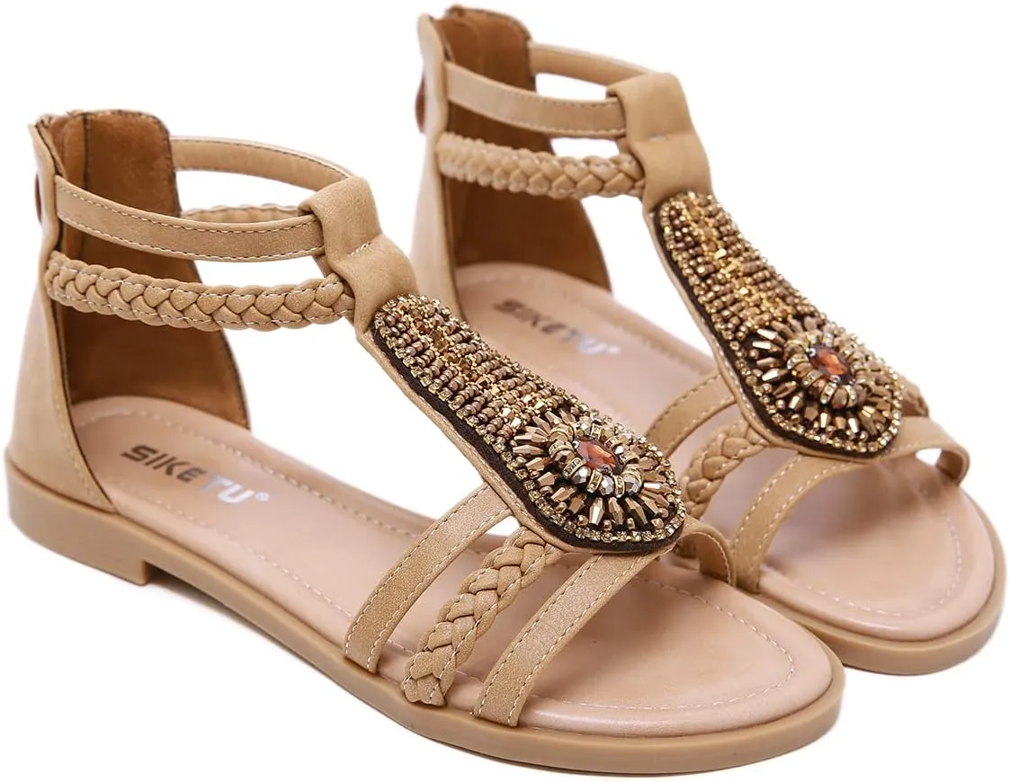 HNGHOU Women's Travel Flat Sandals Summer Casual Rhinestone Roman Flat Sandals Summer Shoes