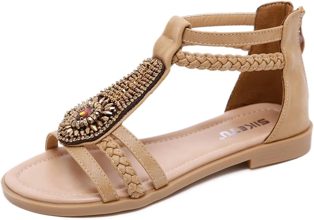 HNGHOU Women's Travel Flat Sandals Summer Casual Rhinestone Roman Flat Sandals Summer Shoes