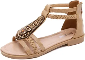 HNGHOU Women's Travel Flat Sandals Summer Casual Rhinestone Roman Flat Sandals Summer Shoes